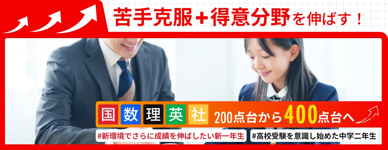 苦手克服+得意分野を伸ばす！ 国数理英社を200点台から400点台へ 新環境でさらに成績を伸ばしたい新1年生 高校受験を意識し始めた中学２年生